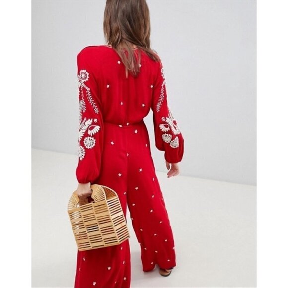 Free People Red Embroidered Romper/Jumpsuit v-neck jumpsuit size XS - Picture 13 of 17